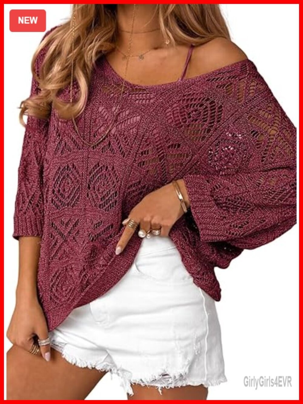 Crochet Hollow Out Off Shoulder Pullover Sweater Cover Up 3/4 Sleeve